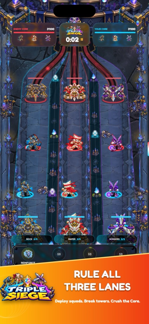 Triple Siege: rock, paper, and scissors squads defend towers and attack the enemy Core across three lanes