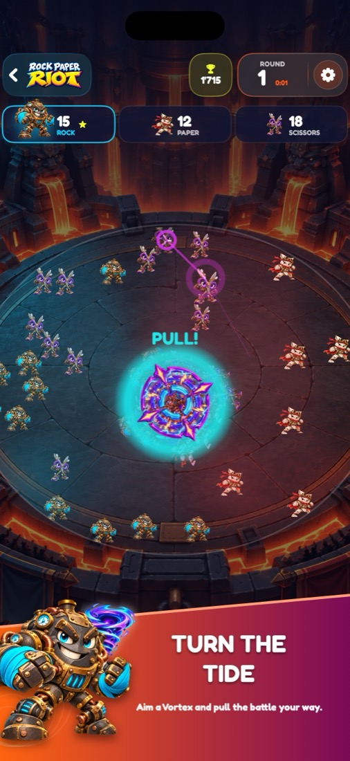 Latest App Store screenshot showing Vortex in the Magma Forge arena
